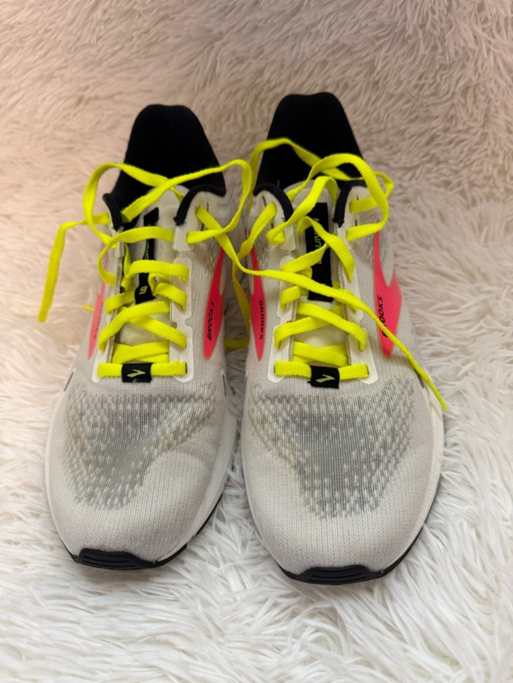 Brooks White Running Shoes with Neon Yellow Laces and Pink Accents